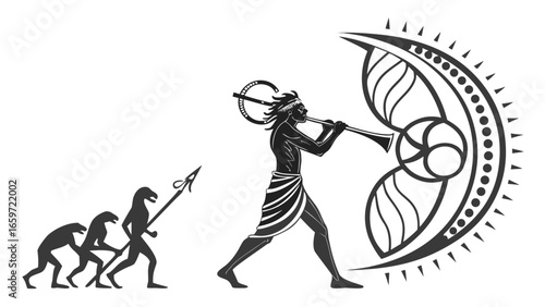 Human evolution depicted from ape like ancestors to a modern man playing a horn and holding a symbolic shield