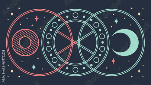 Mystical celestial symbols including a crescent moon geometric circles and stars against a dark background
