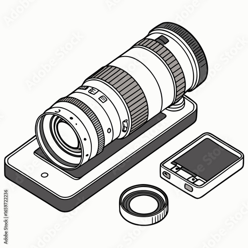 Modern smartphone with a large telephoto camera lens attachment and protective cap