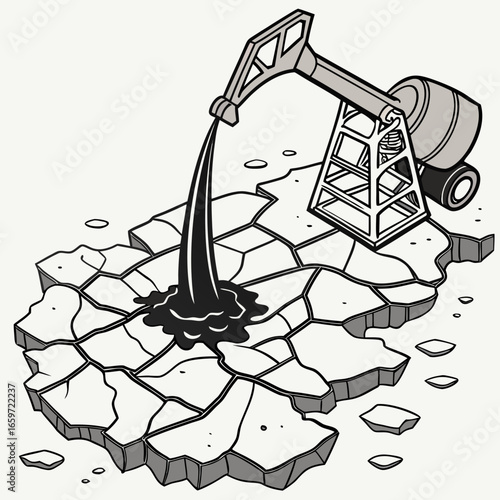 Oil pump jack extracts crude oil from cracked dry earth symbolizing resource extraction and environmental impact