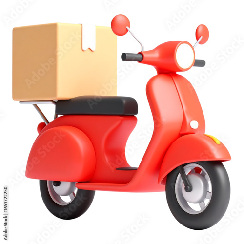 A cartoonish red scooter carrying a cardboard box,  ready for delivery.