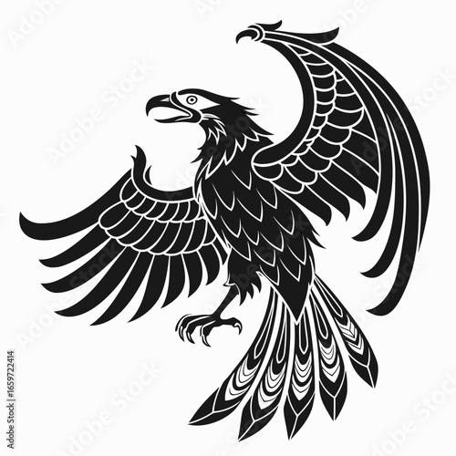 Stylized black eagle with outstretched wings and sharp talons in a heraldic design