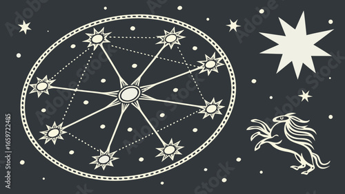 Stylized celestial wheel with interconnected stars and a leaping horse against a dark starry night sky