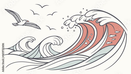 Stylized illustration of a large crashing wave with smaller waves a soaring seagull and a school of fish swimming