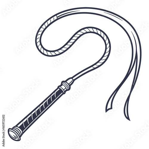 Stylized illustration of a dark outline of a whip with a braided cord and multiple strands at the end