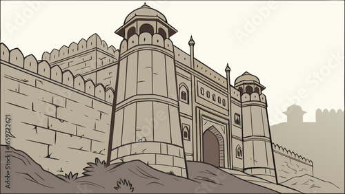 Stylized illustration of a grand ancient indian fort entrance with imposing walls and towers