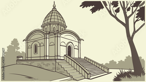 Stylized illustration of a domed building with a grand staircase and surrounding trees in a vintage sepia tone