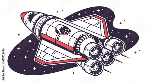 Stylized illustration of a retro space shuttle with four engines blasting off into a starry night sky