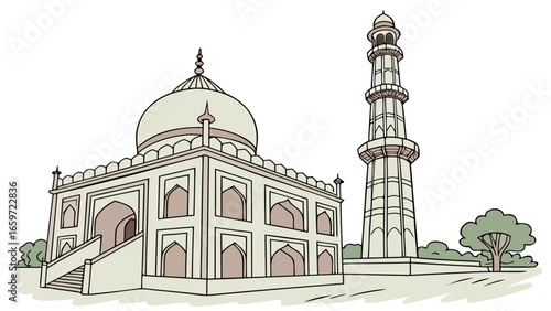 Stylized illustration of the taj mahal mausoleum and a minaret with surrounding greenery