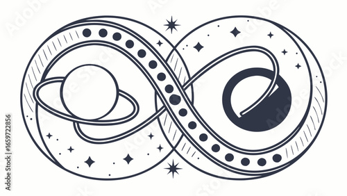 Stylized infinity symbol intertwined with celestial bodies and stars in a minimalist cosmic design