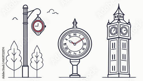 Stylized line art illustration of big ben clock tower a street clock and a pocket watch with roman numerals