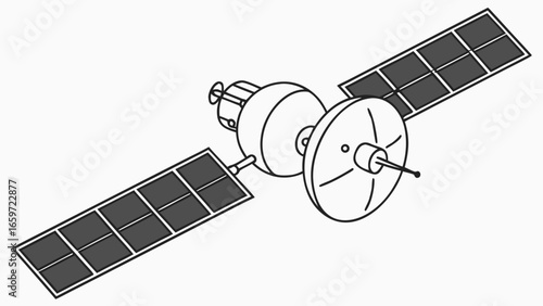 Stylized line drawing of a satellite with solar panels and a dish antenna against a white background
