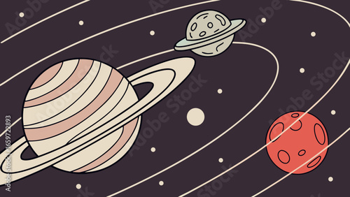 Stylized planets and moons orbit in a dark cosmic expanse with thin orbital lines and small stars