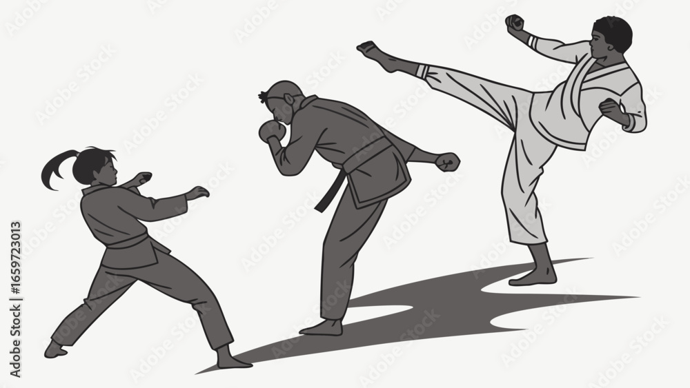 Obraz premium Three diverse martial artists in traditional gi uniforms practicing combat stances and kicks during training session