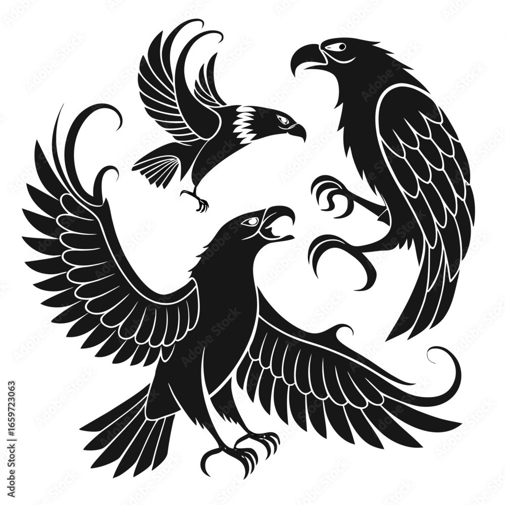 Fototapeta premium Three stylized black eagles in dynamic poses with spread wings and sharp talons on a white background