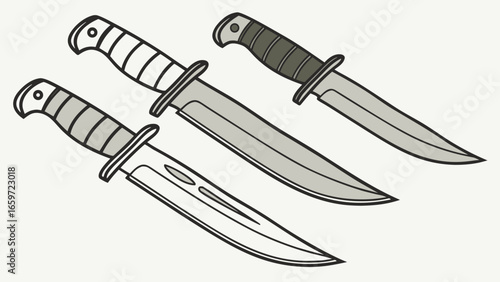 Three distinct combat knives with gray blades and patterned handles arranged diagonally on a white background