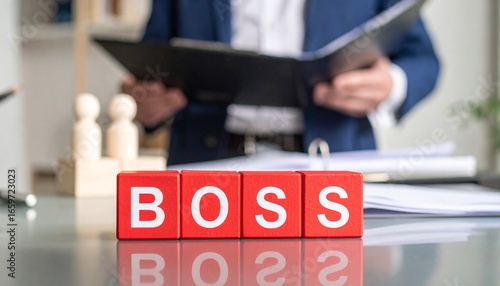 The word BOSS displayed on red blocks with a person in the background holding a file. The photo illustrates a strong and authoritative office environment