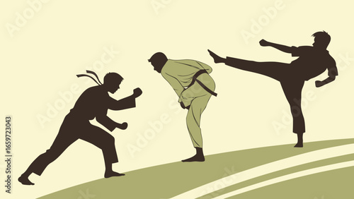 Three martial arts practitioners in silhouette and stylized clothing engage in combat on a grassy hill