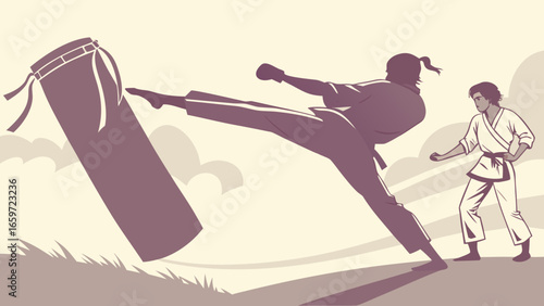 Two martial artists practicing in a dojo with one performing a powerful kick on a punching bag