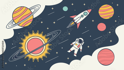 Whimsical flat illustration of an astronaut rocket planets and sun in outer space with stars and clouds