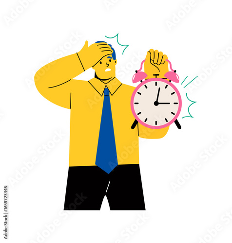Business man is showing clock. Time out concept. Flat vector illustration isolated on white background