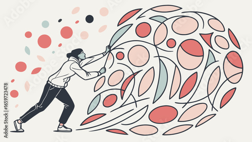 Woman pushing a large abstract shape made of circles and ellipses with force