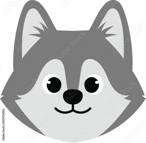funny cartoon wolf face, cute nursery wolf character , cheerful animal head, isolated child safari face illustration