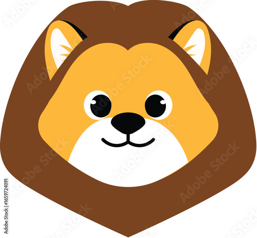 funny cartoon lion face, cute nursery lion character , cheerful animal head, isolated child safari face illustration