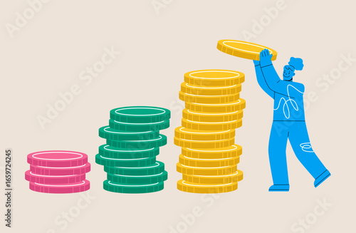 Profit, success, salary, bonus concept. Woman puts coins in a pile. Colorful vector illustration