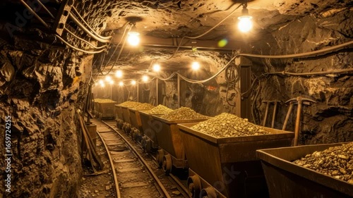 Journey through a captivating gold mine tunnel with ore carts illuminated by warm light