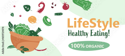 Bright healthy eating banner with fresh vegetables in the basket, vector illustration. For organic food ads, lifestyle promotions, eco campaigns, and web designs.