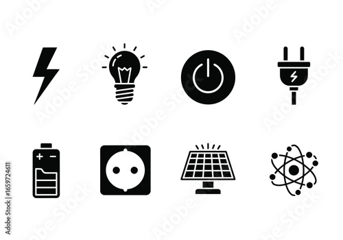 Collection of black and white icons representing electricity, power, and energy sources.