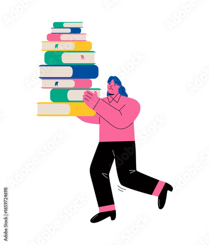 Unhappy business woman holding a pile of books. Concept of excessive work. Flat vector illustration isolated on white background