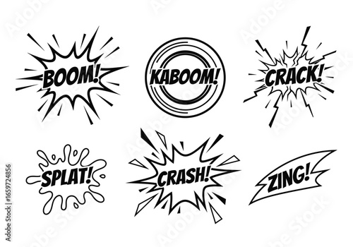 Collection of comic book sound effects, explosions, and action words in black and white.