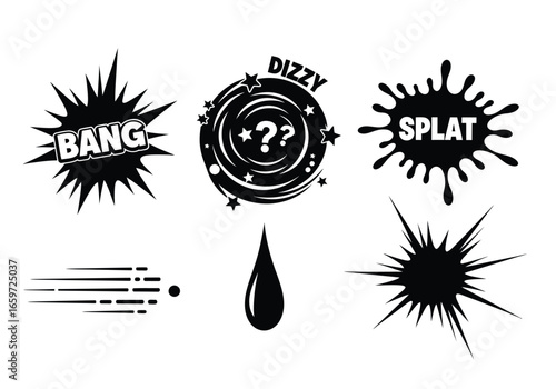 Comic book effects: Bang, Dizzy, Splat, motion lines, drop and burst in black and white.