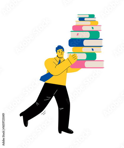 Unhappy business man holding a pile of books. Concept of excessive work. Flat vector illustration isolated on white background