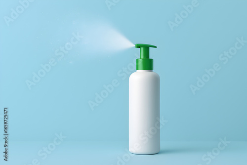 White Plastic Spray Bottle with Green Nozzle on Blue Background