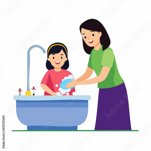Vector illustration of mother teaching child handwashing hygiene with soap and sink, flat minimal style, white background.