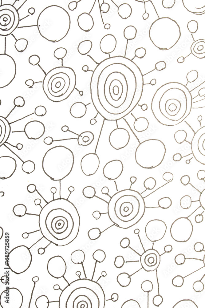 Fototapeta premium Close up of hand drawn doodle pen circle spirals and spots and dots on white background