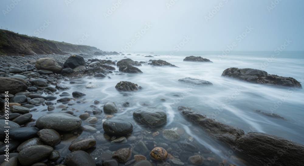 Obraz premium Serene Coastal Landscape with Fog and Smooth Ocean Waves