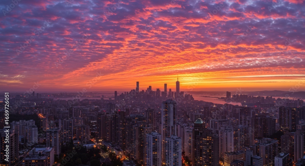 Fototapeta premium Vibrant City Skyline Sunrise with Orange and Purple Clouds