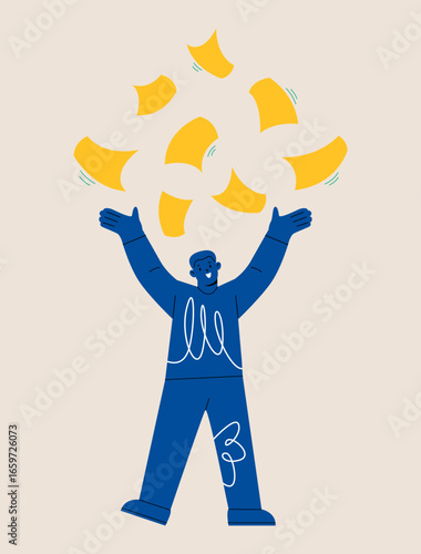 Man throwing papers up. Colorful vector illustration