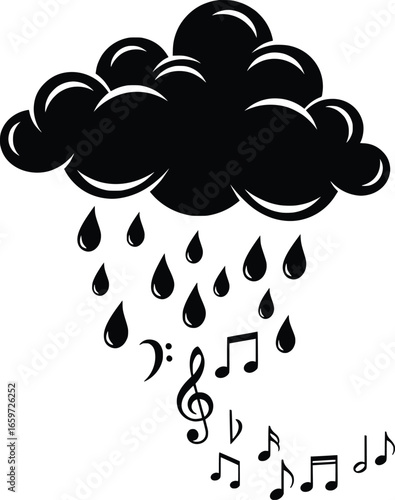 Rainy Day Symphony: Black and White Vector Illustration of a Cloud Showering Musical Notes and Raindrops.