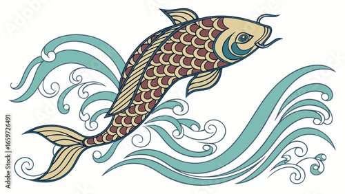 Illustration of a colorful koi fish jumping out of the water, , in a vintage decorative style