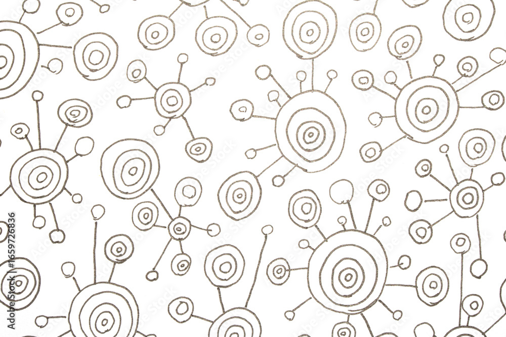 Fototapeta premium Close up of hand drawn doodle pen circle spirals and spots and dots on white background