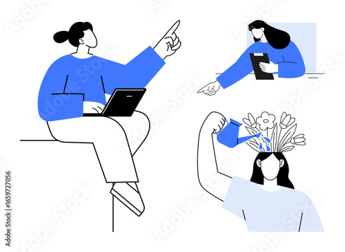 Person pointing with a laptop, individual with a tablet gesturing, and a figure watering flowers on their head. Ideal for creativity, growth, teamwork, education, innovation, self-improvement simple