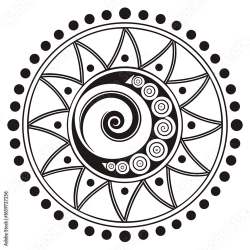 Vector art of black and white mandala with sun and spiral design, perfect for tattoo, decoration, or spiritual art