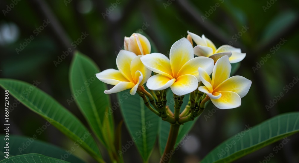 Fototapeta premium Closeup of White and Yellow Plumeria Blossoms