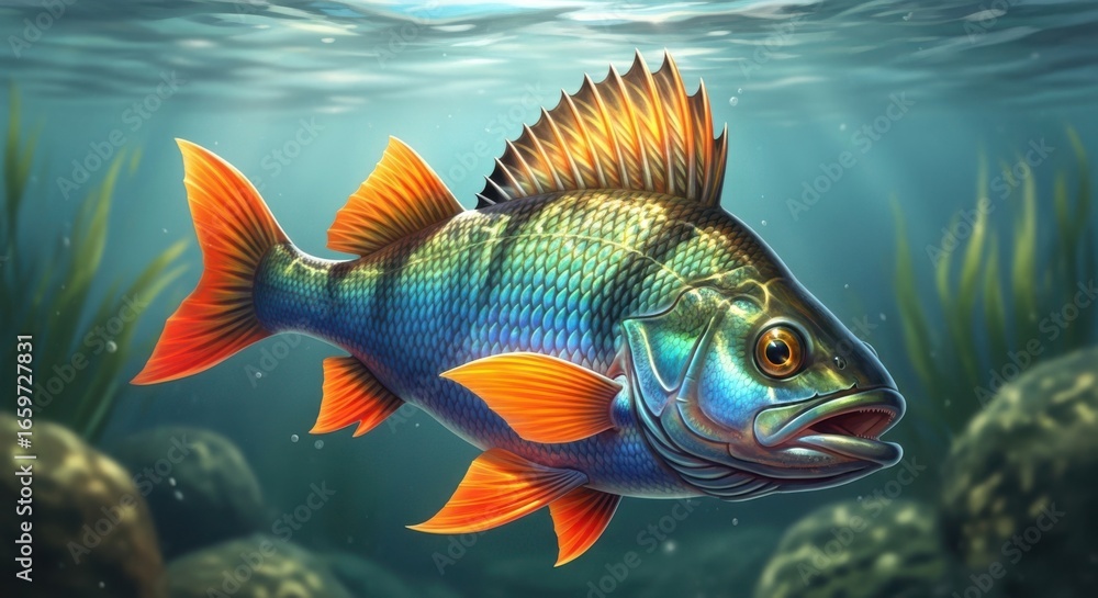Naklejka premium Vibrant Freshwater Perch Swimming in Aquatic Environment