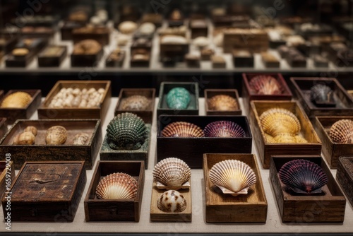 Display of various seashells and artifacts arranged in small wooden boxes in a museum exhibit case